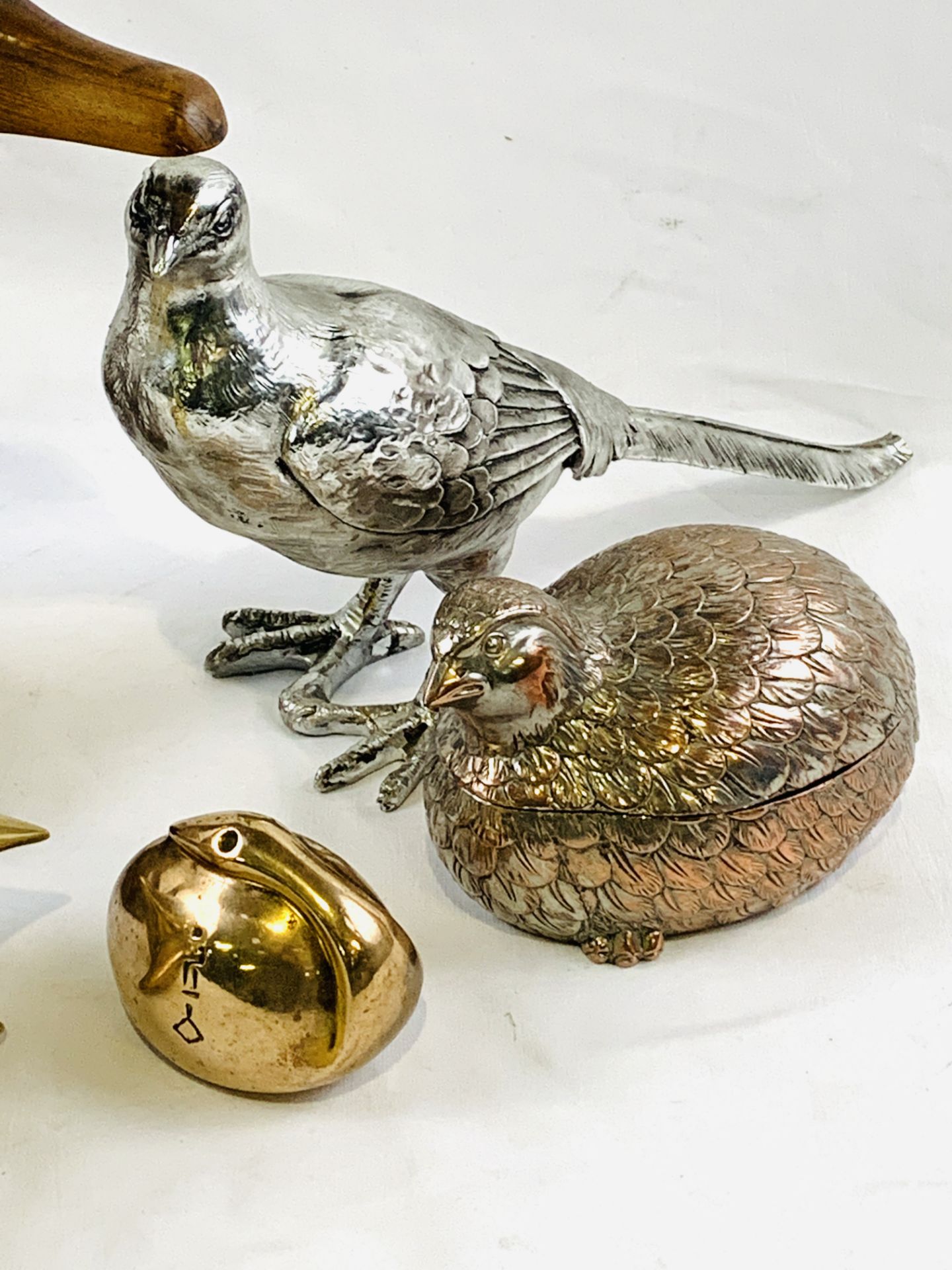 Brass swan figure; wooden carved duck; silver plate partridge dish; swan paperweight; and other. - Image 2 of 4