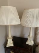 Pair of cream painted column table lamps and shades