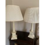 Pair of cream painted column table lamps and shades