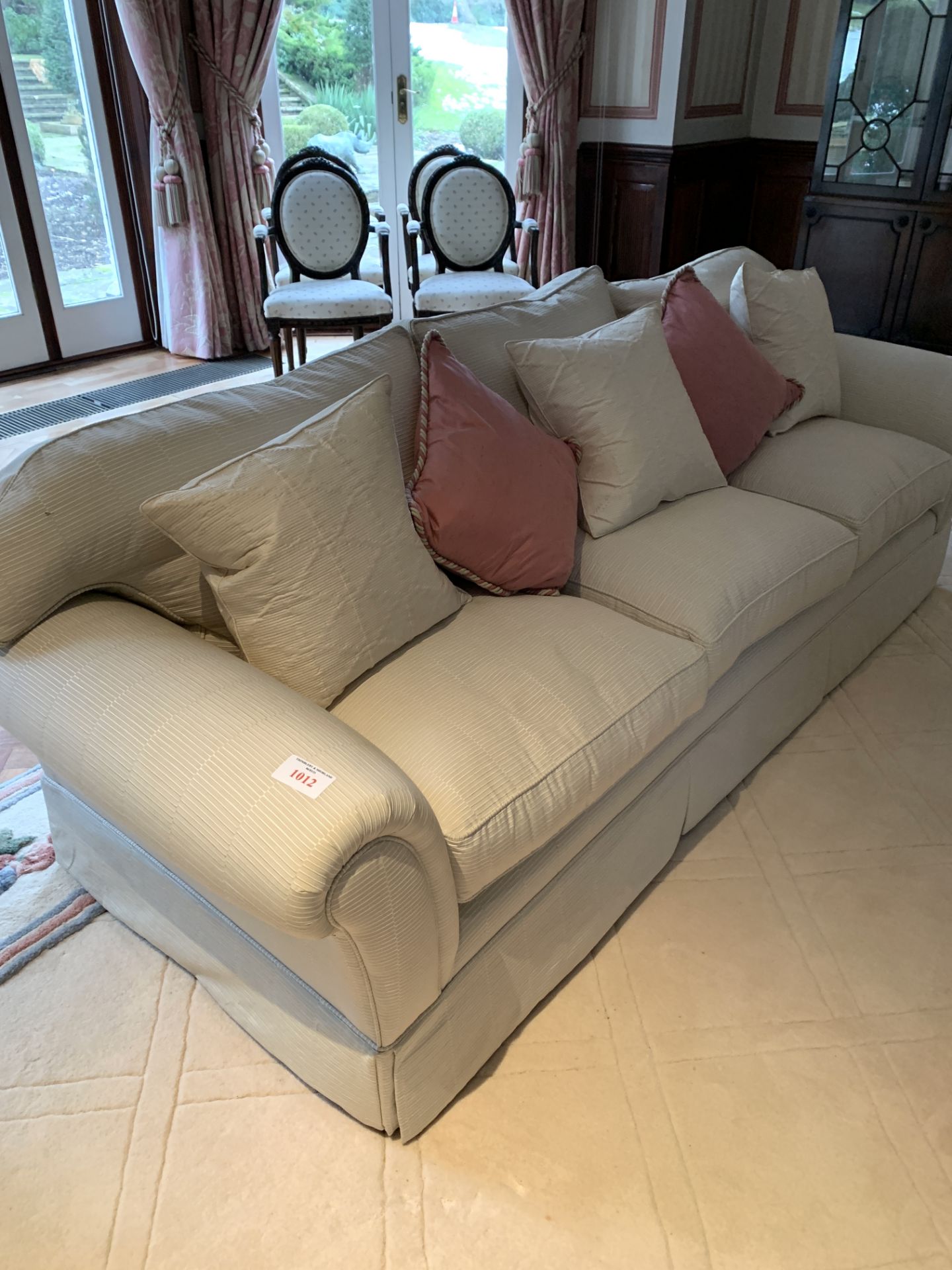 Cream cord effect upholstered three seat sofa, with feather filled cushions - Image 2 of 3