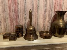 Two brass vases; two brass bowls with onyx eggs; stone covered trinket box; brass bell and others.