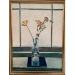 Gilt framed oil on canvas still life Freesias in a vase, signed P Fielding, 1986