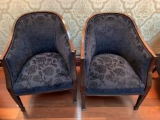 Two blue upholstered show wood tub chairs