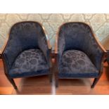 Two blue upholstered show wood tub chairs