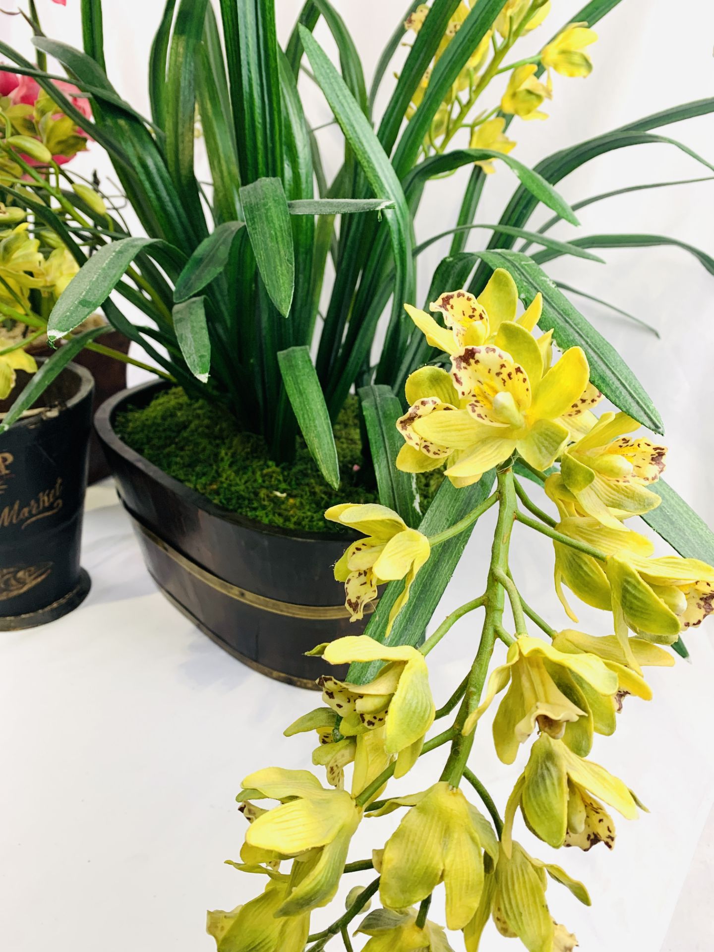 Two wood planters of lilies and orchids together with a decorative bucket. - Image 3 of 8