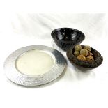 Silver metal shallow dish; art pottery fruit bowl; turned wooden bowl with dried fruit