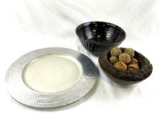 Silver metal shallow dish; art pottery fruit bowl; turned wooden bowl with dried fruit
