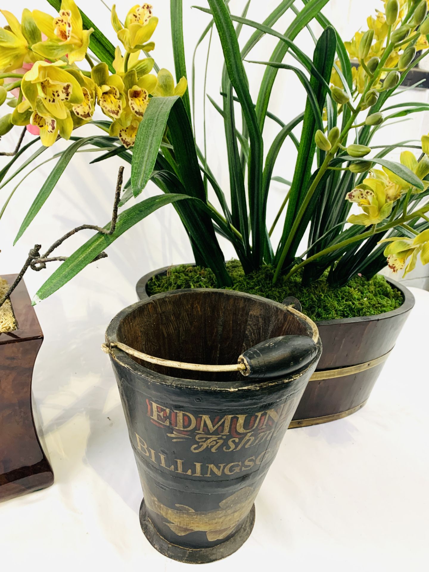 Two wood planters of lilies and orchids together with a decorative bucket. - Image 5 of 8