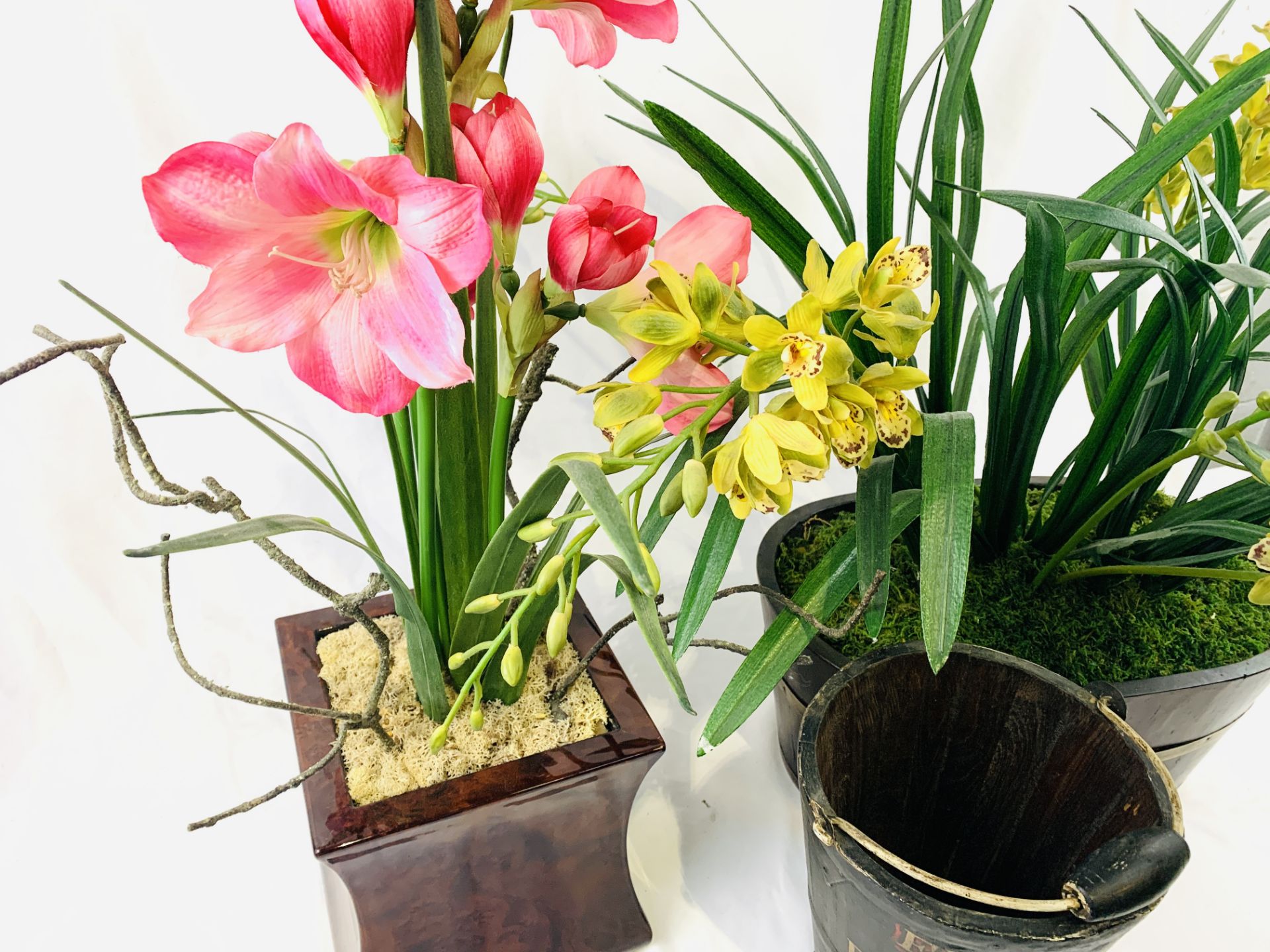 Two wood planters of lilies and orchids together with a decorative bucket. - Image 7 of 8