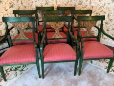 Set of eight green painted dining arm chairs