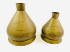 Two copper and brass measures: imperial 2 gallons and imperial gallon