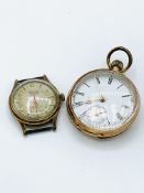 14k gold case pocket watch; an 18k gold case pocket watch, marked J. Summer, and a wrist watch