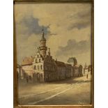 Gilt framed and glazed oil on board street scene, signed 'bensen'