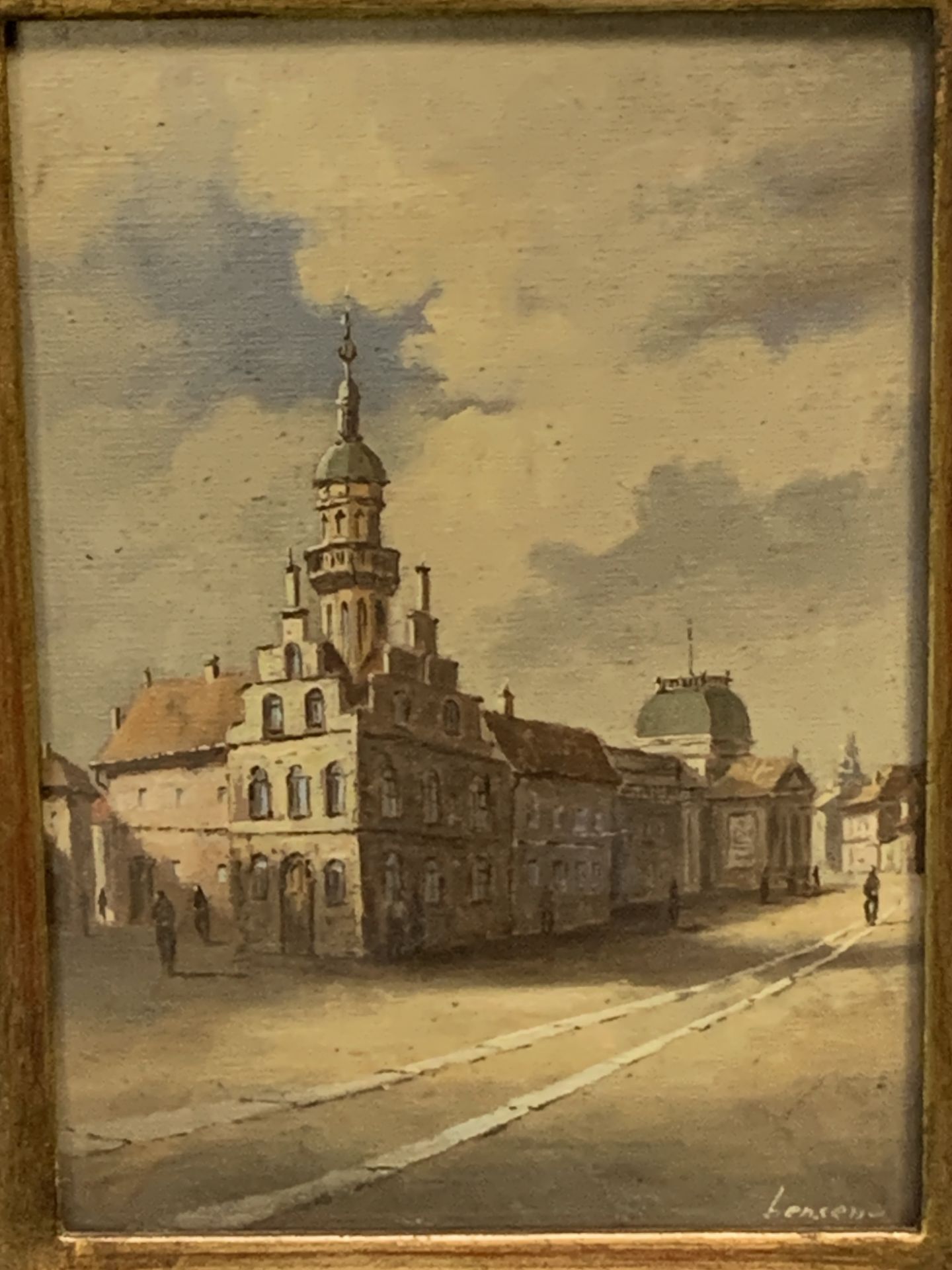 Gilt framed and glazed oil on board street scene, signed 'bensen'