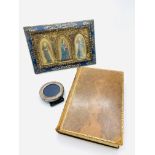 Poetical Works of John Keats in full calf leather, religious triptych, and circular silver frame