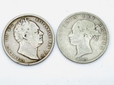 1883 Victoria silver 'young head' half crown, together with a William IV silver half crown.