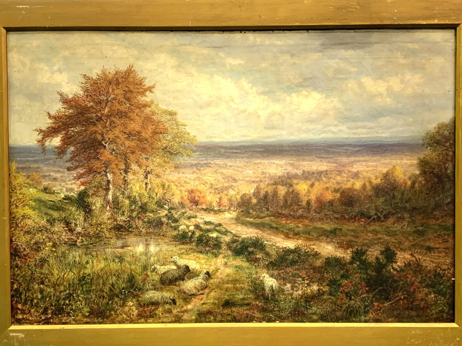 George William Mote (1832-1909), gilt framed oil on canvas of sheep in a landscape