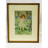 Pastel drawing of a young girl picking flowers, by Gerald Backhouse
