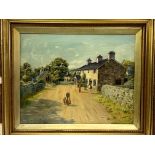 Oil on canvas of people in a lane, signed E.M Kissack