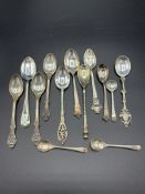 Four silver condiment spoons, six sterling silver teaspoons, and three silver plated teaspoons