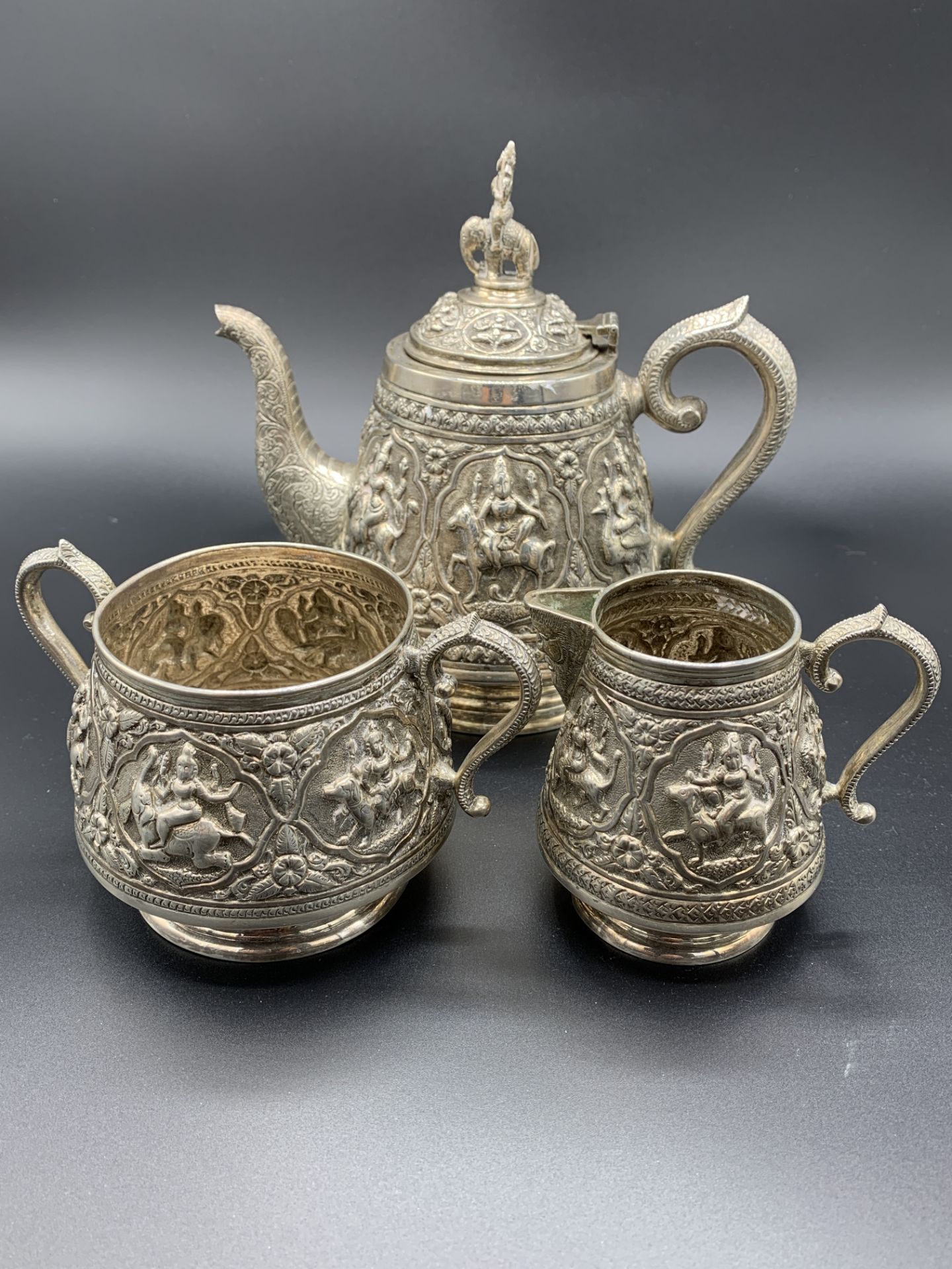 Early 20th Century Asian silver teapot, sugar bowl and mask jug - Image 2 of 5