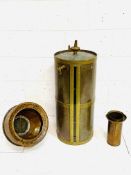 Copper and brass 20 gallon standard measure, copper funnel, copper and brass cylindrical container