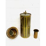 Copper and brass 20 gallon standard measure, copper funnel, copper and brass cylindrical container