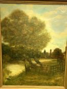 Heavy gilt framed oil on canvas of a cow in a meadow by a river