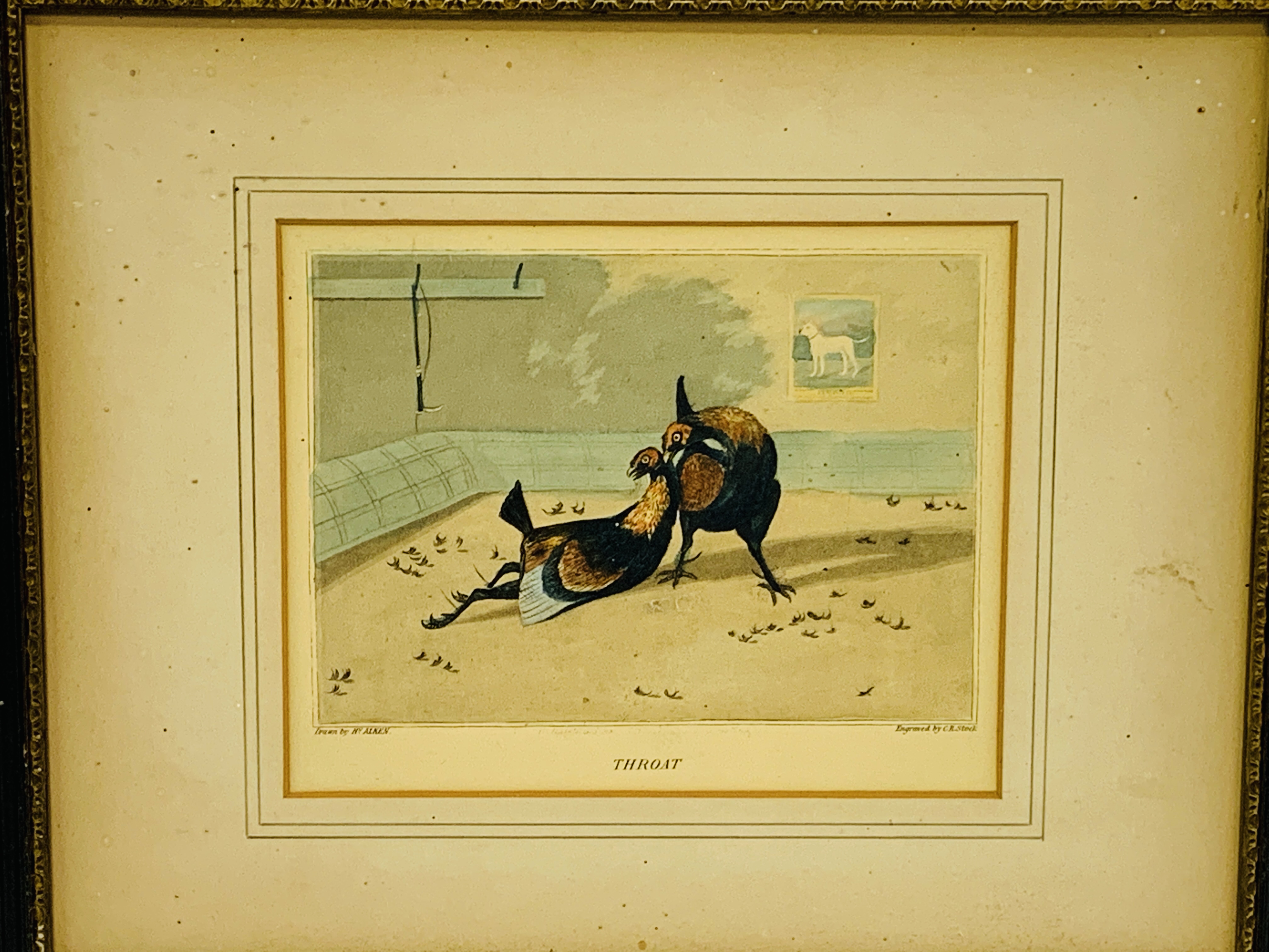 Two Henry Alken prints of cock fighting, and 2 other prints.