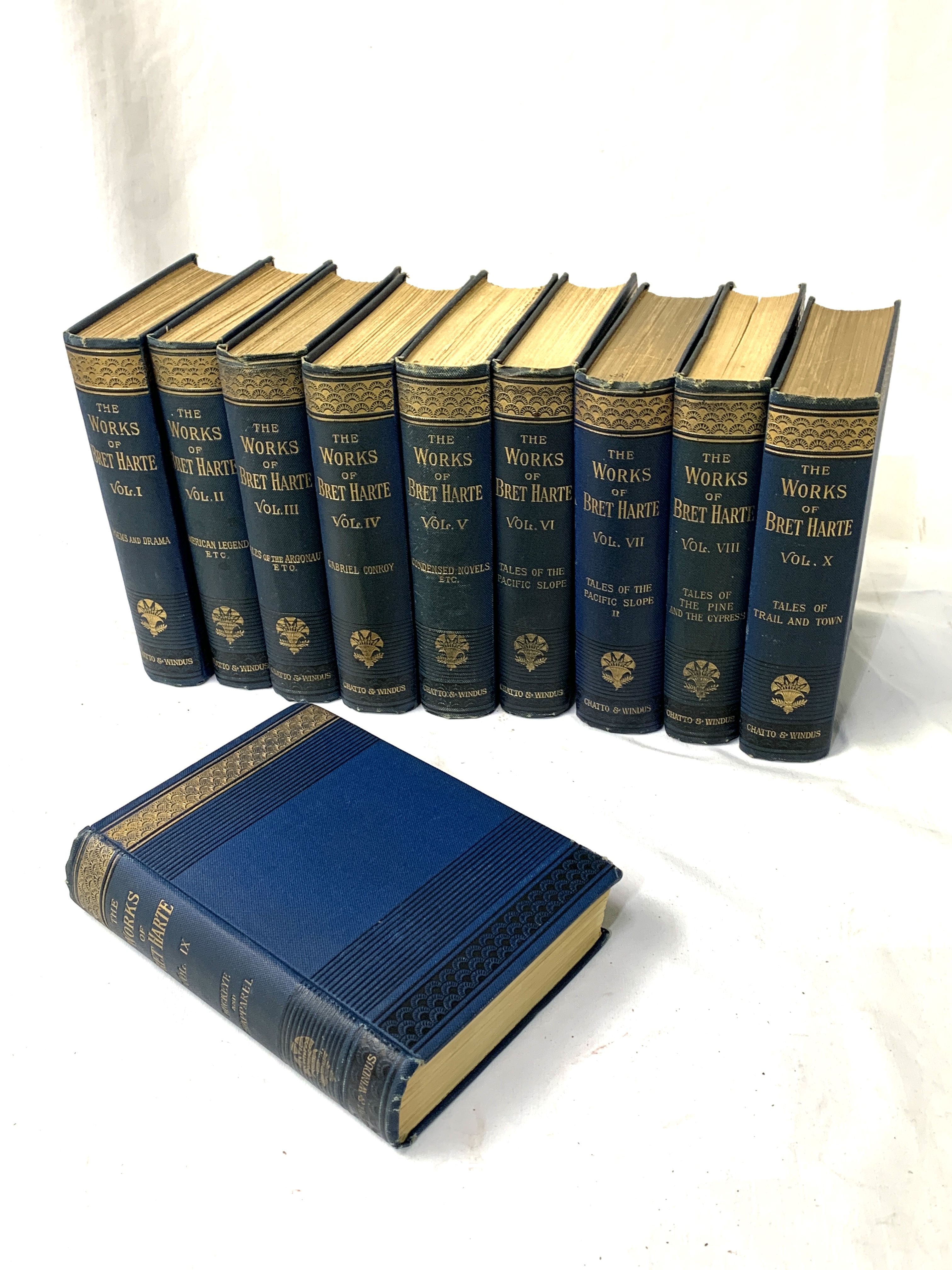 The Works of Bret Harte, published by Chatto and Windus, cloth bound, ten volumes