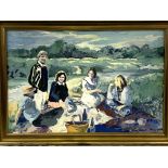 Gilt framed oil on canvas, 1996, "The Picnic", by Penny Roberts