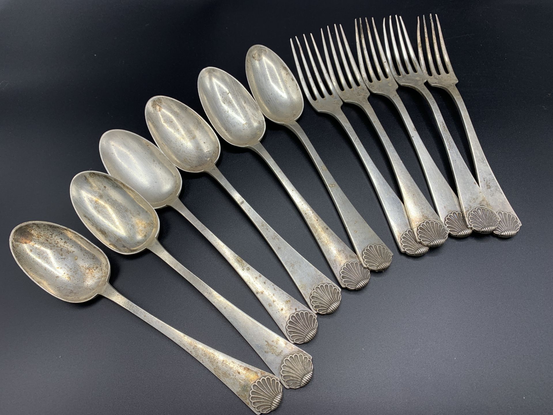 French silver set of six dessert spoons and five dessert forks