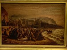 Gilt framed oil on canvas of a crowd on a beach with ships signed V Pellegrin