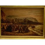 Gilt framed oil on canvas of a crowd on a beach with ships signed V Pellegrin