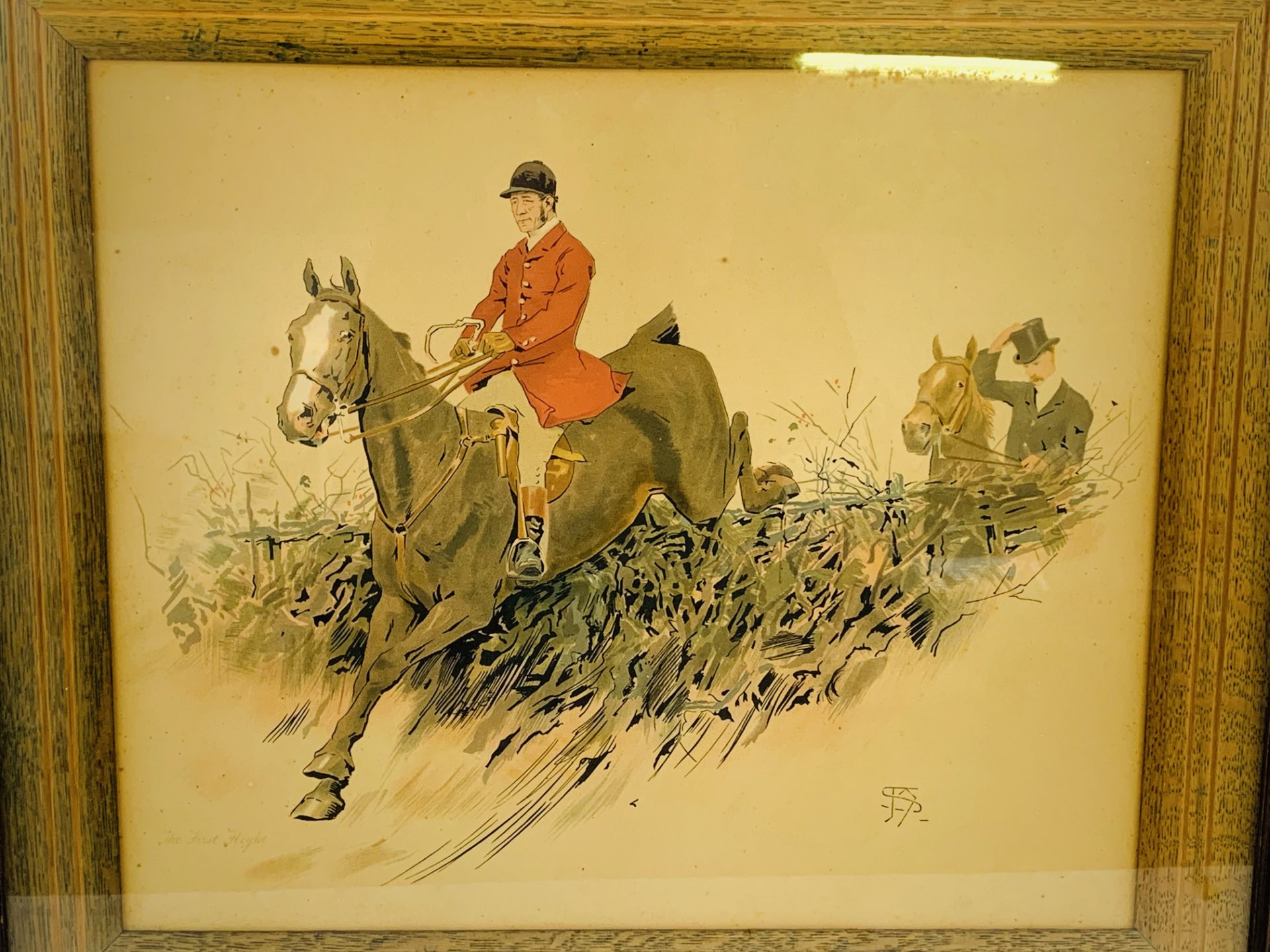 Hunting print in an oak frame entitled 'The First Flight' - Image 3 of 4