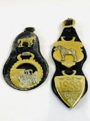 3 horse brasses on leather - Peterborough Heavy Horse Show 1989-1991, and a 1910 brass
