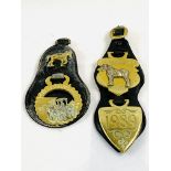 3 horse brasses on leather - Peterborough Heavy Horse Show 1989-1991, and a 1910 brass