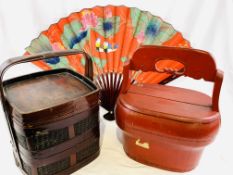 Two Oriental marriage boxes and a fan