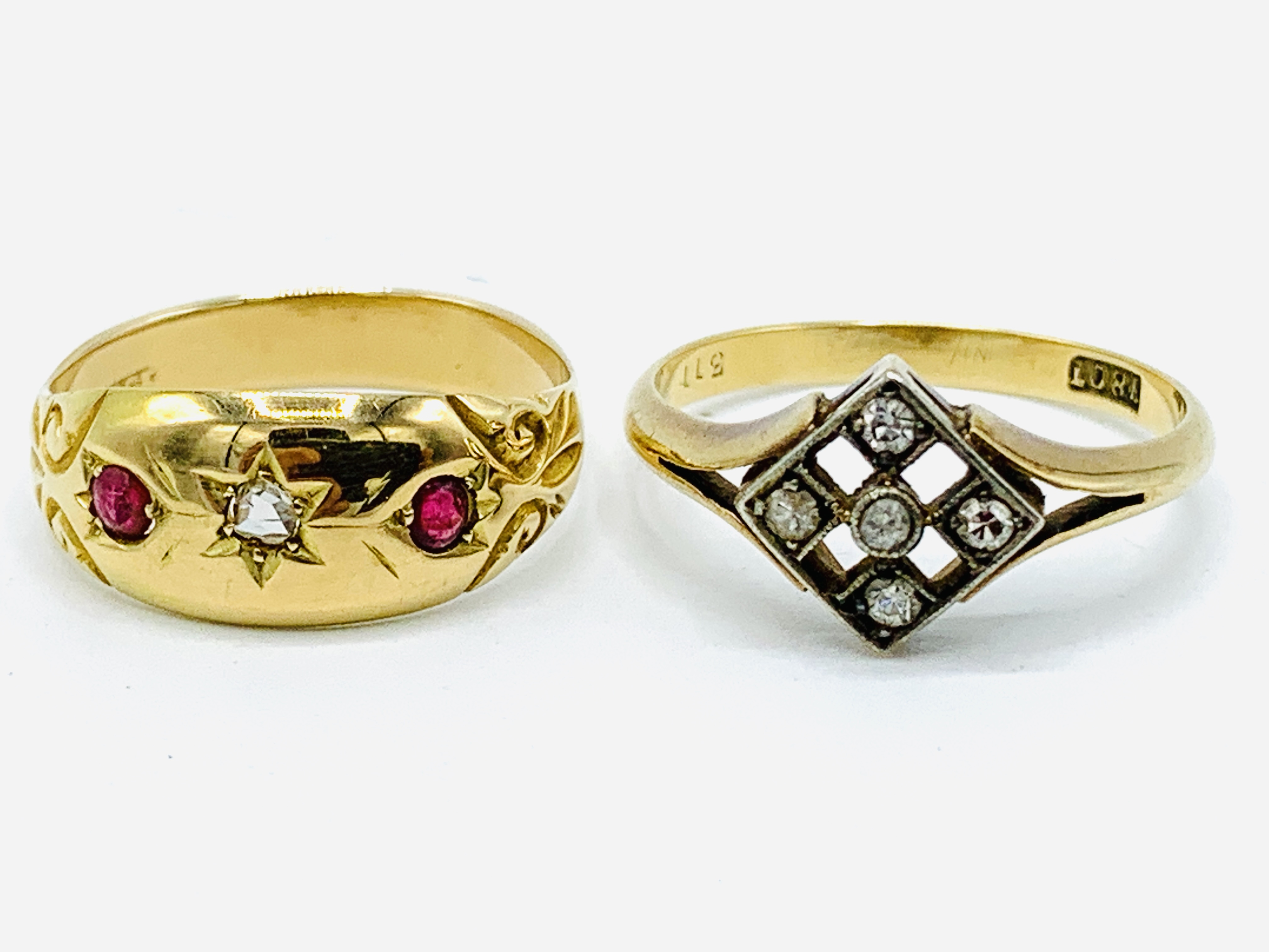 18ct gold ring set with 4 diamonds in a square, and an 18ct diamond and ruby set 'gypsy' ring