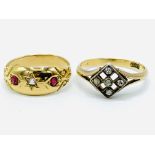 18ct gold ring set with 4 diamonds in a square, and an 18ct diamond and ruby set 'gypsy' ring