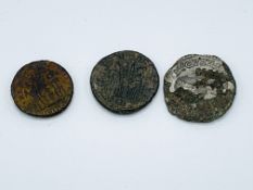 Three Roman coins, Julia Domna and two Constantine II.