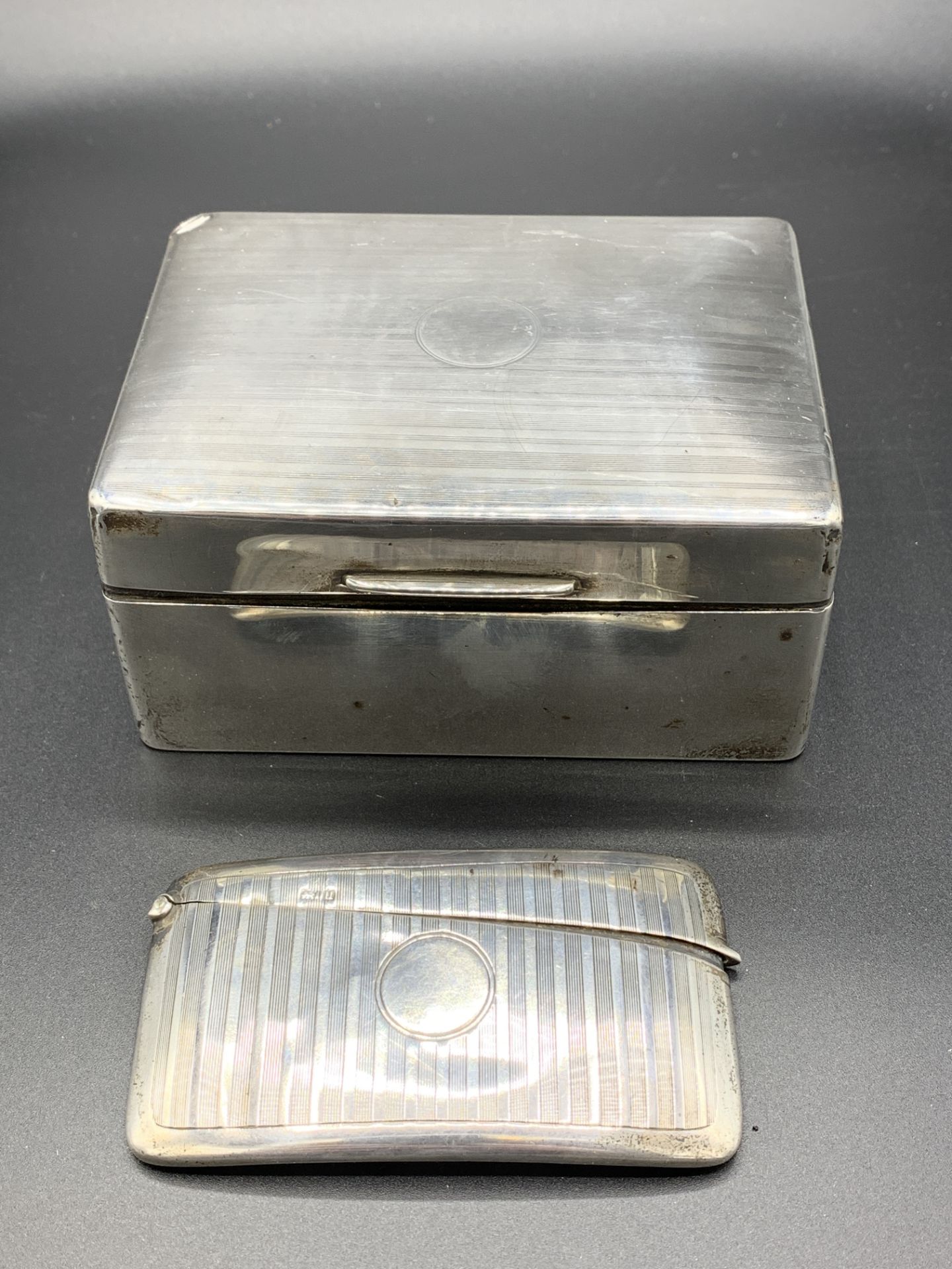 Hallmarked silver cigarette box, and a silver card case - Image 4 of 5