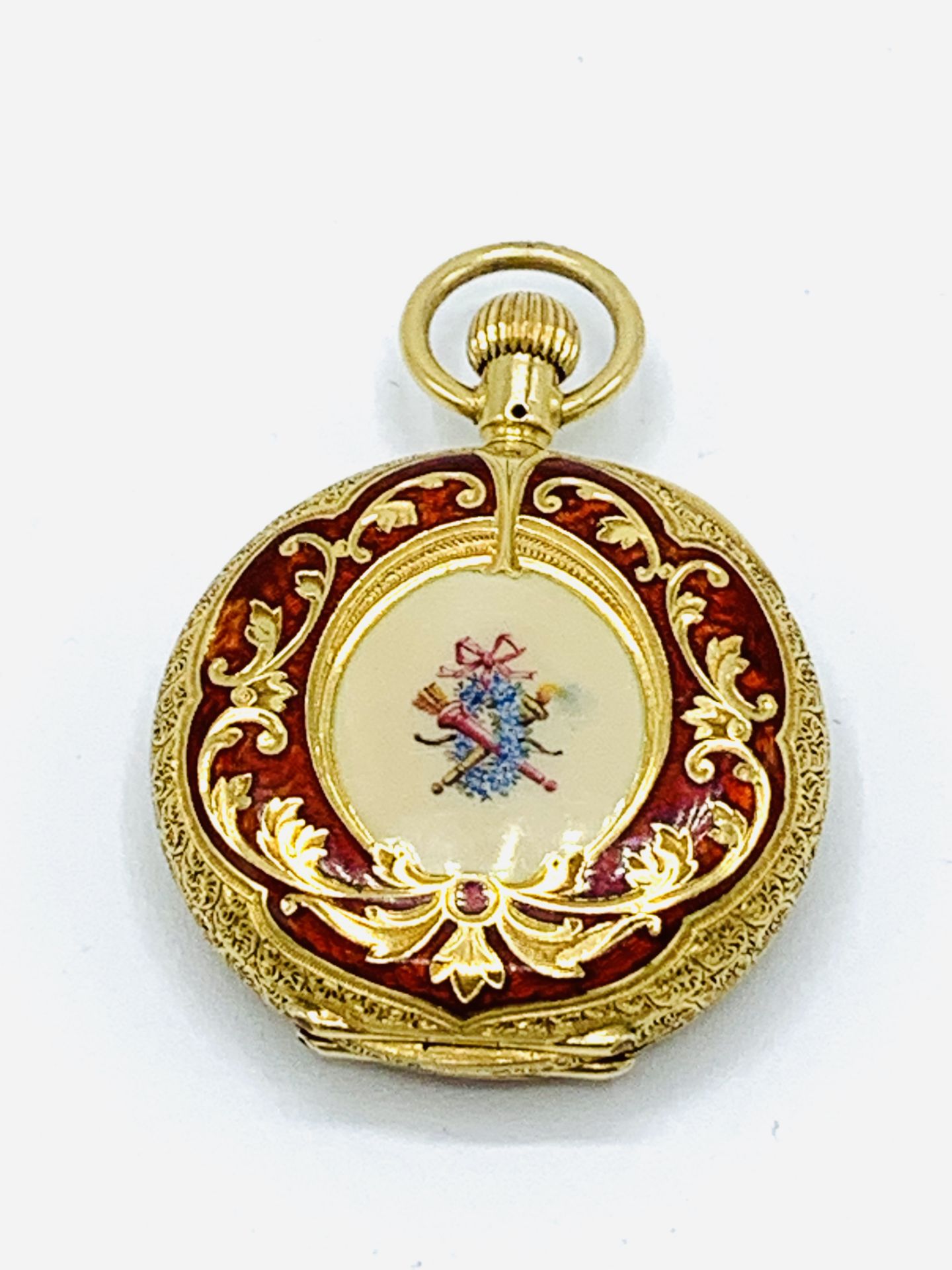 18ct gold small hunter pocket watch, with diamond and enamel cover, by Waltham, Massachusetts - Image 7 of 7