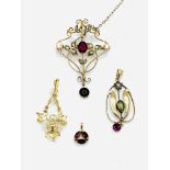 Victorian gold, seed pearl and garnet pendant/brooch, together with other pendants