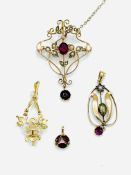 Victorian gold, seed pearl and garnet pendant/brooch, together with other pendants