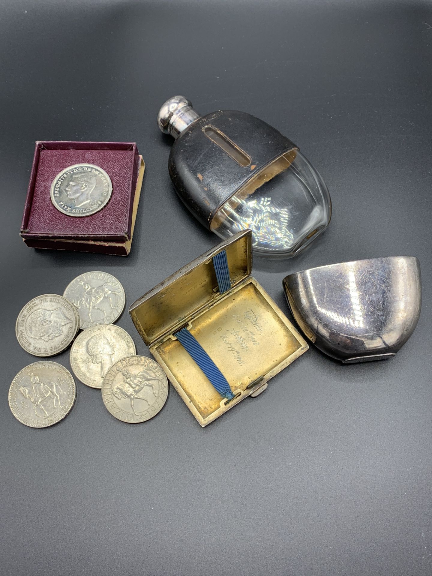 Silver cigarette case; hip flask by Walker & Hall; and 6 commemorative crowns - Image 3 of 4