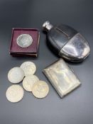 Silver cigarette case; hip flask by Walker & Hall; and 6 commemorative crowns