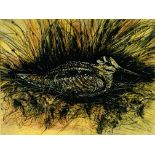 Framed and glazed mixed media painting of a bird nesting in rushes