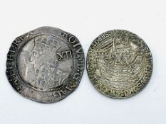 A Charles I (1625-1649) shilling together with a copy Edward III noble.