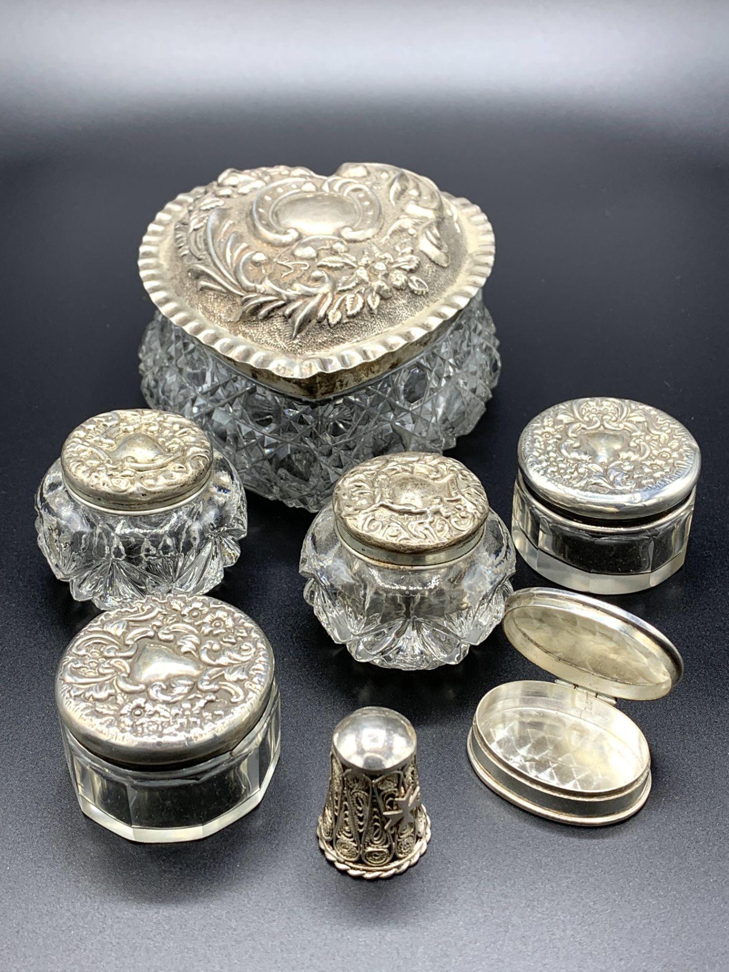 Six silver lidded glass pots - Image 2 of 4
